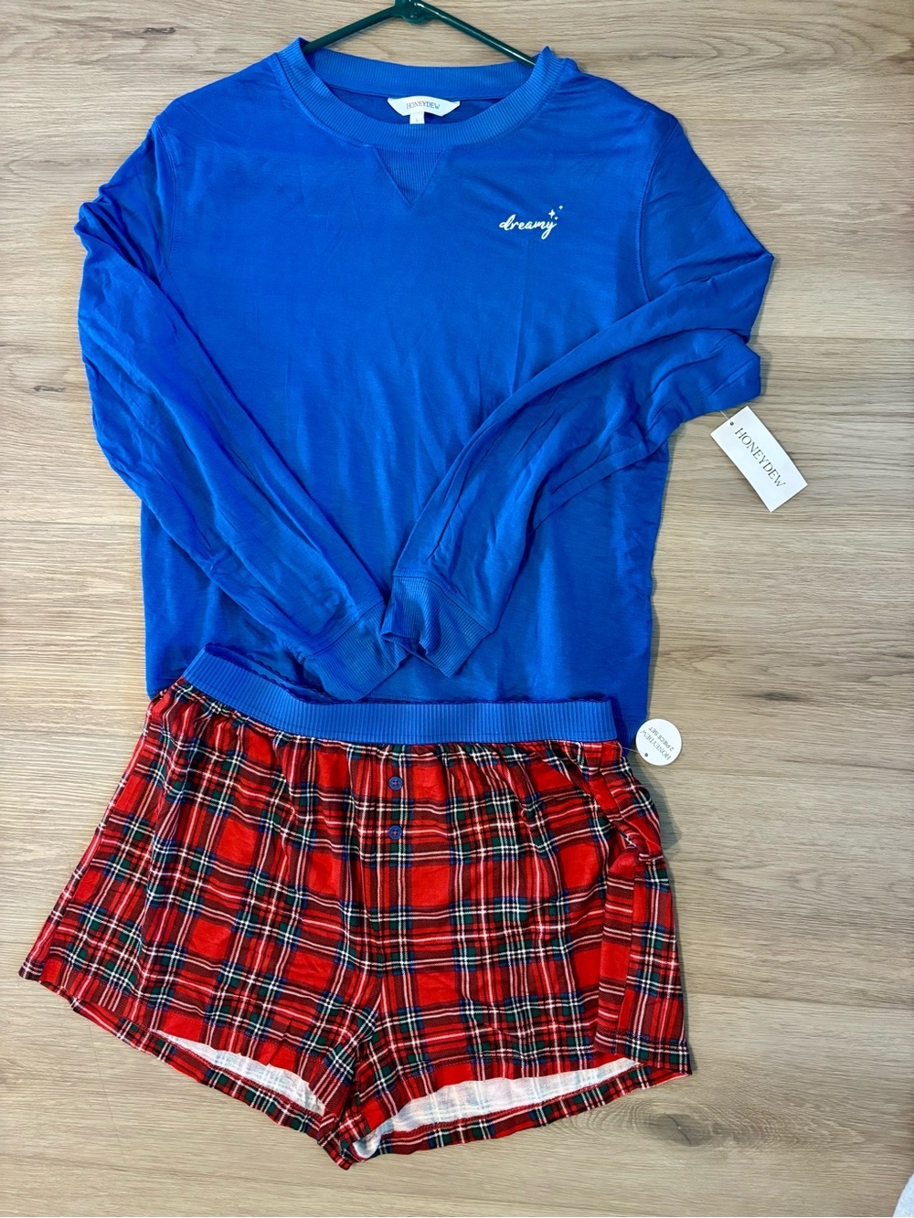 Honeydew Pajama Set Long Sleeve / Plaid Shorts MSRP $64